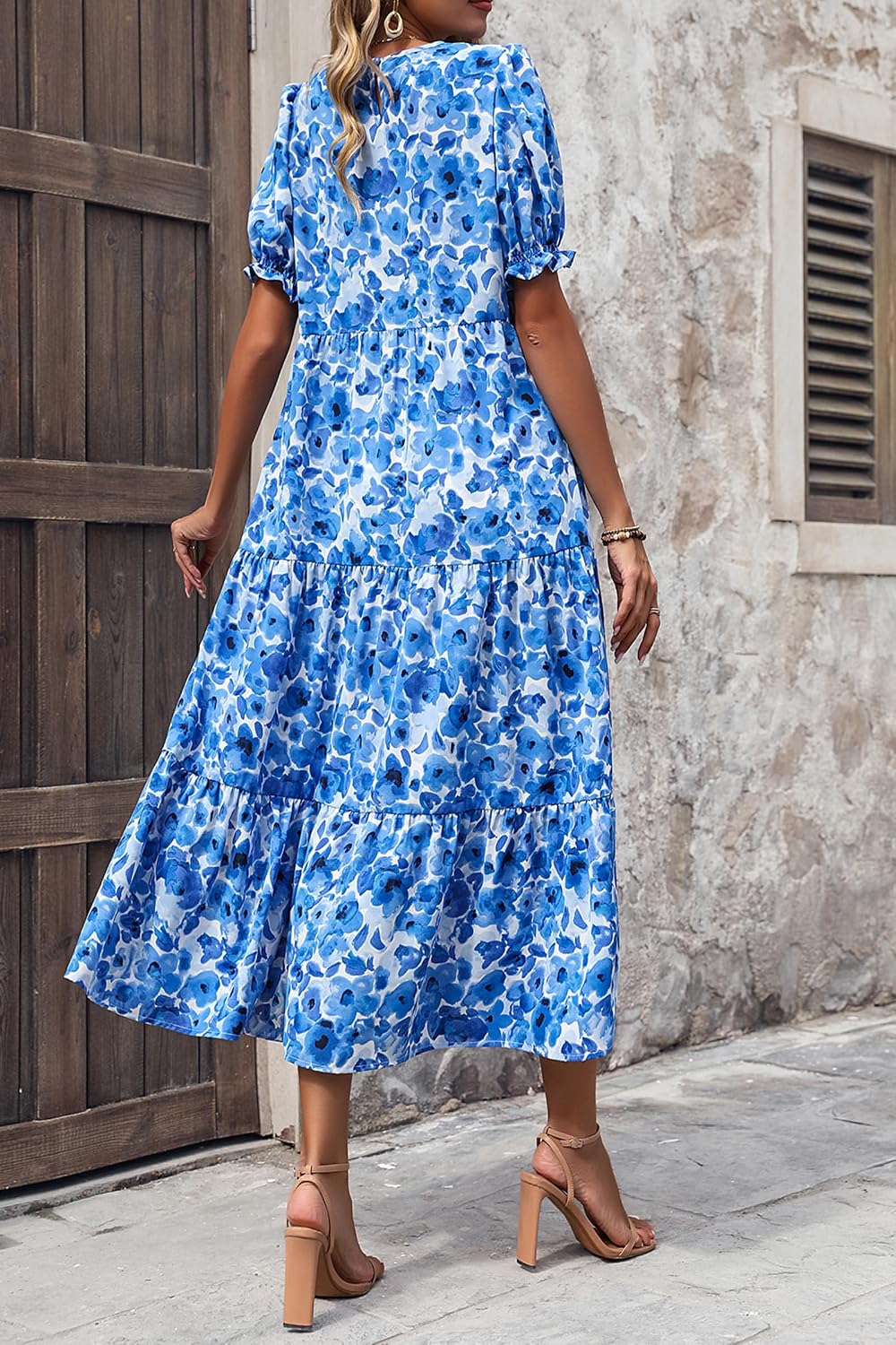 PRETTYGARDEN Summer Dresses for Women 2026 Casual Floral Boho Midi Sun Dress Puff Short Sleeve Flowy Beach Vacation Sundress