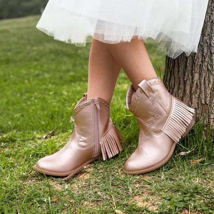 DREAM PAIRS Girls Cowboy Cowgirl Western Boots | Tassel star soft lining low-heel ankle cow girl boots pull-on riding shoes with soft lining