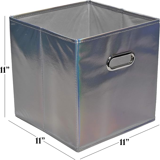 Handy Laundry 6-Pack Foldable Cube Storage Bins – Decorative Collapsible Organizer for Shelves, Closets, Underbed, Clothes, or Kids’ Toys (Shiny Silver)