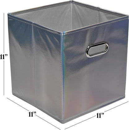 Handy Laundry 6-Pack Foldable Cube Storage Bins – Decorative Collapsible Organizer for Shelves, Closets, Underbed, Clothes, or Kids’ Toys (Shiny Silver)