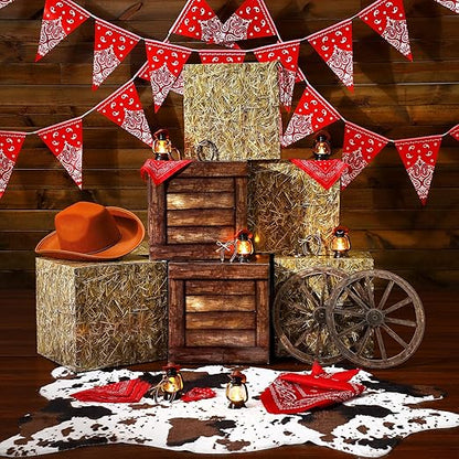 ROCEEI 40 Pcs Cowboy Theme Party Decoration Western Party Decor Rodeo Table Centerpieces Mini Cowboy Hats Lantern Carton Horseshoe Wheel Red Pull Flag Scarf Decorative for Adults Cowgirl Farm Party