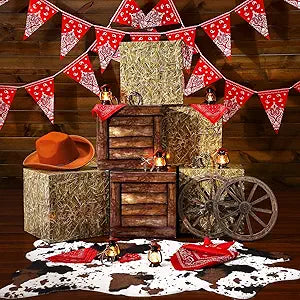 ROCEEI 40 Pcs Cowboy Theme Party Decoration Western Party Decor Rodeo Table Centerpieces Mini Cowboy Hats Lantern Carton Horseshoe Wheel Red Pull Flag Scarf Decorative for Adults Cowgirl Farm Party