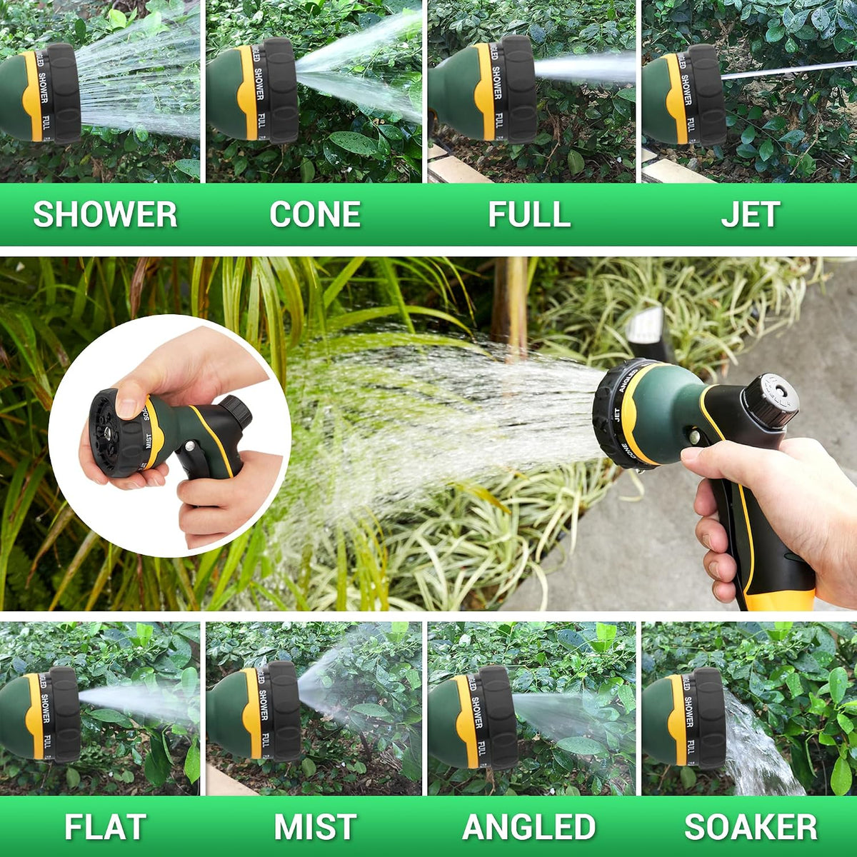 NGreen Garden Hose Sprayer Nozzle - Water Spray with 8 Adjustable Patterns, Impact Resistant and Non-Slip for Watering Plants, Pets Bathing and Cleaning,Car Washing (Green)