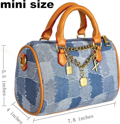 Mini Small Denim Purse Jean Boston Barrel Bags Quilted Checkered Top Handle Canvas Tote Crossbody bags Satchel Handbag for Women,Blue