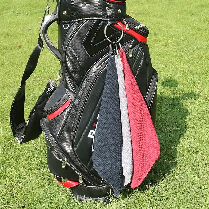 Handy Picks Microfiber Golf Towel (16" X 16") with Carabiner Clip, Waffle Pattern Hook and Loop Fastener - The Convenient Golf Cleaning Towel BlackGreyRed