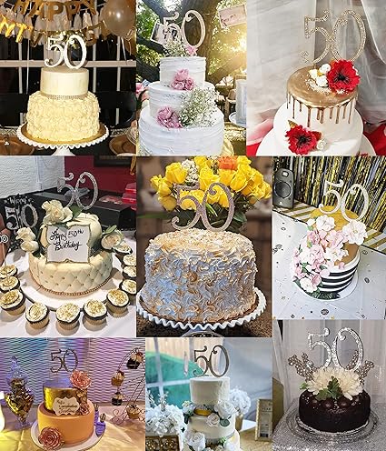 Honbay 50 Birthday Cake Topper Sparkly Bling Alloy Crystal Rhinestones Cake Topper Cake Decoration for 50th Birthday or Anniversary Party (Silver)