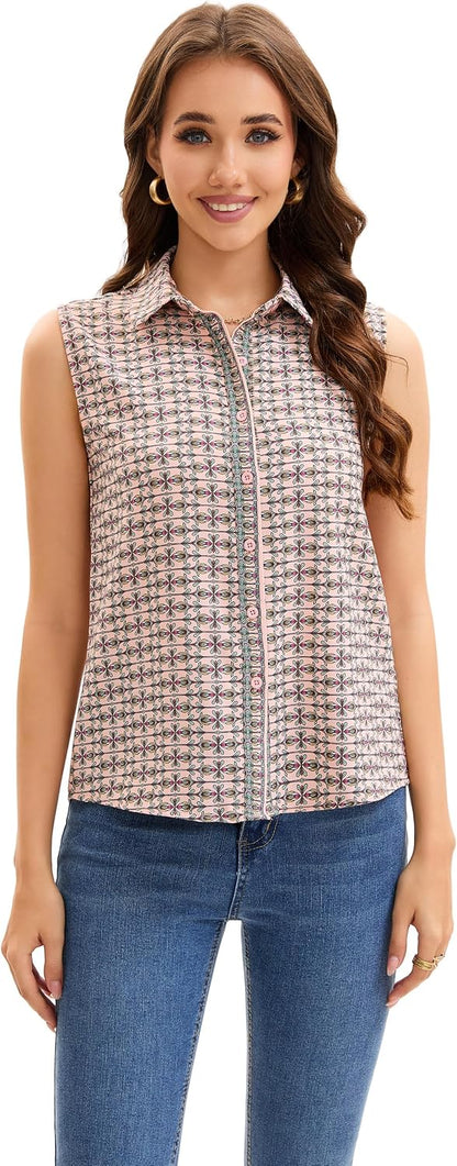 Medium JTD Women's Sleeveless Button Down Shirts Wrinkle Free Collared Blouses | Business Work Office Blouses for Women,Casual V Neck Tank Tops,No Iron Fabric,Lightweight,Breathable,Trendy Summer Tops