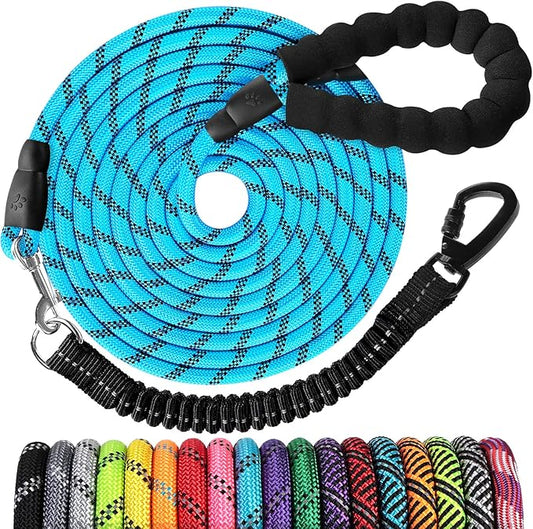 Long Dog Leash 15 FT: Heavy Duty Rope Leashes for Dogs Training with Swivel Lockable Hook Reflective Threads Bungee and Padded Handle - Dog Lead for Large Small Medium Dogs Outside Walking Hiking Blue