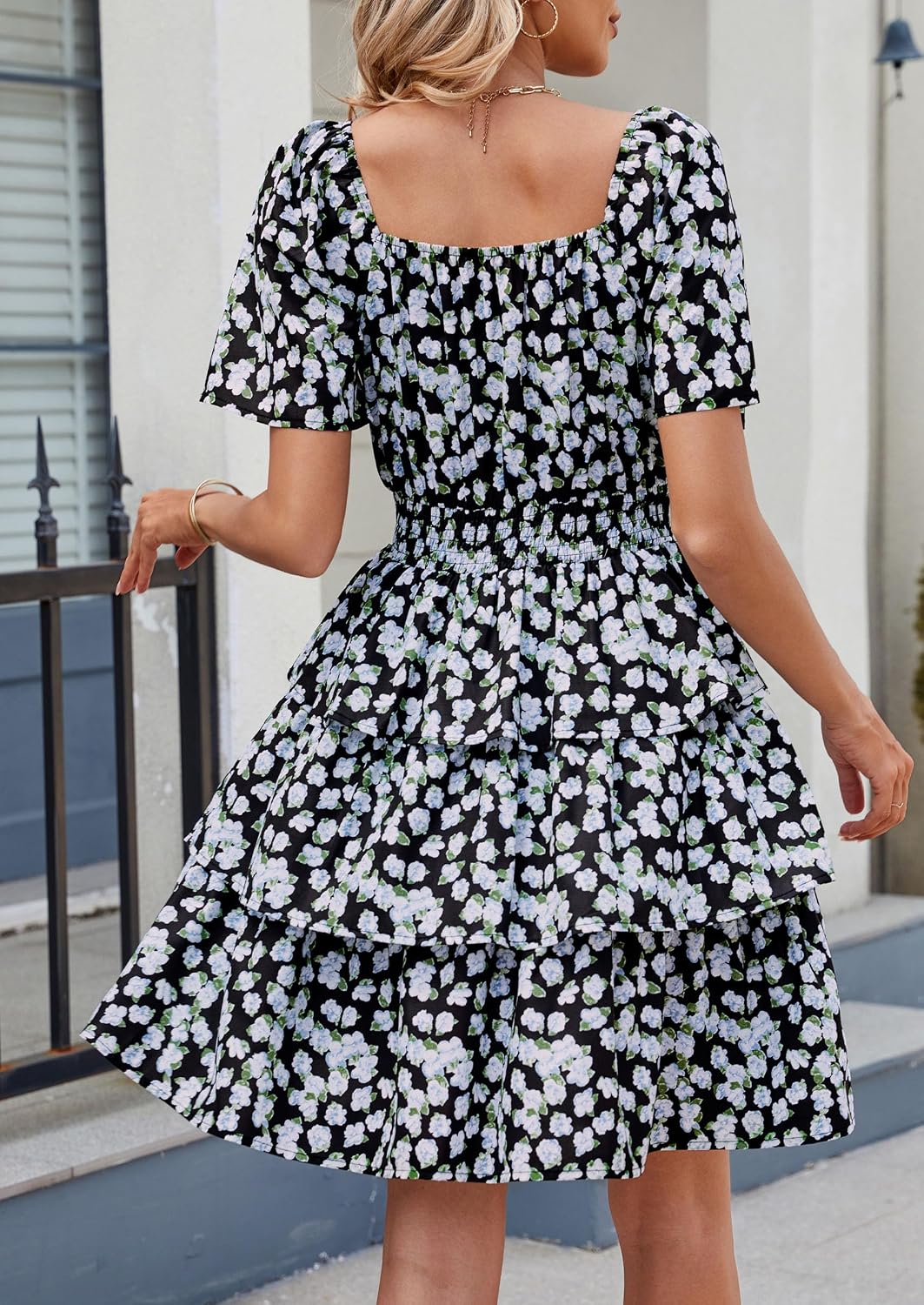 PRETTYGARDEN Women's 2026 Floral Summer Short Dress Square Neck Short Sleeve Tiered Ruffle Boho Swing Dresses