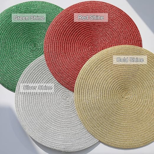 AHHFSMEI Round Braided Christmas Placemats 15 Inch Round Table Mats for Dining Tables Woven Heat Resistant Place mats Set of 6 (Gold Shine)