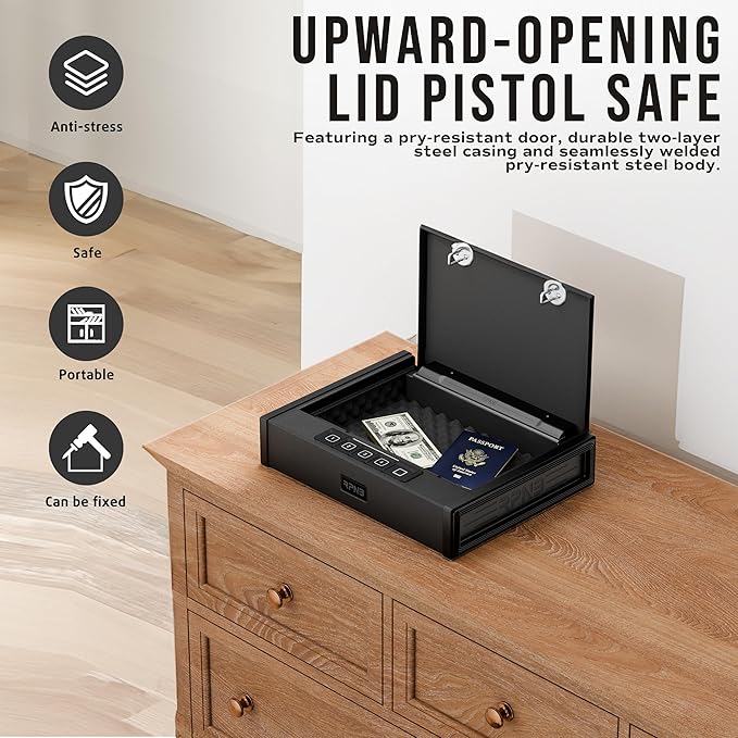 RPNB Gun Safe for Handgun, Pistol Safe with Fingerprint, Biometric Gun Safe for Handgun with Digital Keypad, Quick Access Handgun Safe for Home Nightstand Bedside, Gun Lock Box for 2 Pistols and More