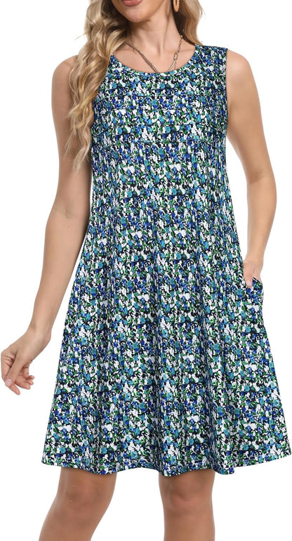 Sundresses for Women Casual Summer Pleated Front Loose Sleeveless Tank Dress with Pockets