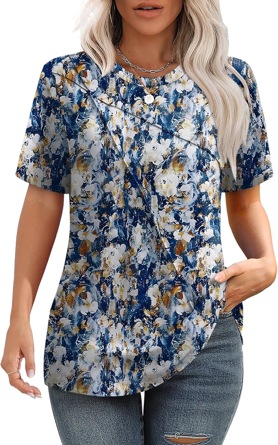 XIEERDUO Womens Summer Tops 2026 Pleated Round Neck Short Sleeve Shirts Business Casual.