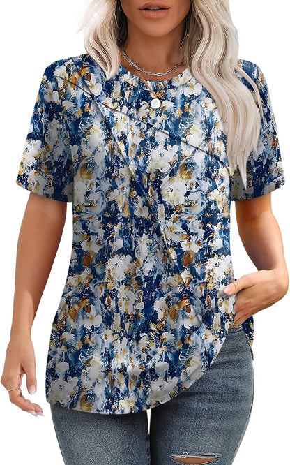 XIEERDUO Womens Summer Tops 2026 Pleated Round Neck Short Sleeve Shirts Business Casual.
