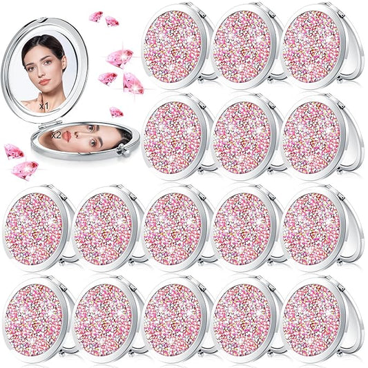Maitys Compact Mirror Bulk for Purses Small Cosmetic Folding 2.75 Inch Round Diamond Bling 1X 2X Magnifying Pocket Makeup Mirror for Women Wedding Gift, Pink Silver
