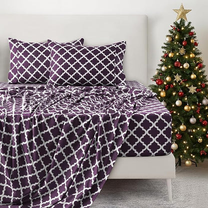 LUX Décor Quatrefoil Full Sheet Set - 4 Piece Ultra-Soft Microfiber Bed Sheets with Flat Sheet, 16 Inches Deep Pocket Fitted Sheet & Pillowcases, Breathable, Bedroom Decor, Oeko-TEX - Purple