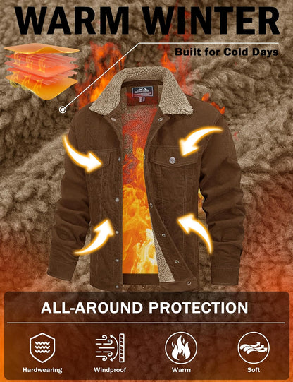 Men's Corduroy Jacket Winter Sherpa Lined Warm Thick Trucker Cargo Coat with 5 Pockets