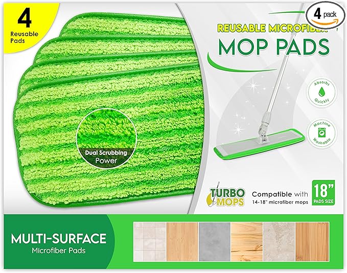 Microfiber Mop Pads 4 Pack - Reusable Washable Cloth Mop Head Replacements Best Thick Spray Wet Dust Dry Flat Velcro Attachment 18" Inch - Cleaning Refill Fits Bona, Bruce, Rubbermaid, Libman + More
