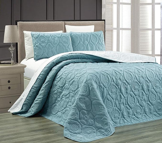 GrandLinen 3-Piece Tropical Coast Seashell Beach (California) Cal King Oversize Bedspread SPA Blue Reversible Coverlet Embossed Bed Cover Set. Sea Shells, Sea Horse, Starfish etc.