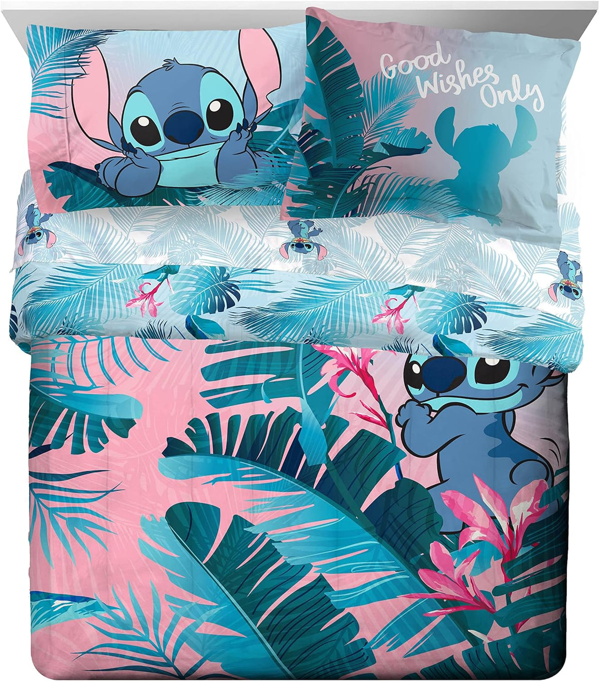 Disney Lilo and Stitch Queen Comforter Set 7 Piece Kids Bedding, Pink Bed in a Bag, Comforter Sheets Shams Pillowcases, Official Brand, Soft Polyester Microfiber, Machine Washable, Girls Gift