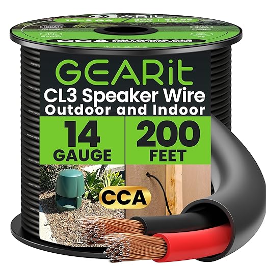 GearIT Outdoor Speaker Wire CCA 2x2.5mm? (60.96 Meters - Black) Copper Clad Aluminum - Hi-Fi Audio Cable for Direct Burial in Ground/in Wall / CL3 CL2 Rated / 2-Conductors - 14 Gauge AWG, 200 Feet