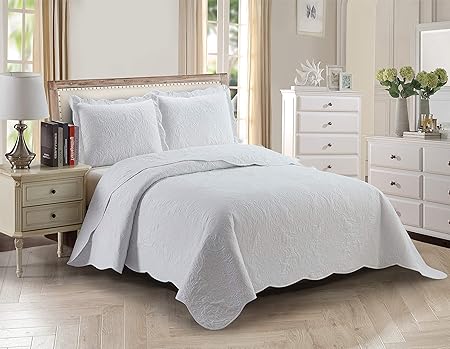 Home Collection 3pc FullQueen Over Size Elegant Embossed Bedspread Set Light Weight Solid White New