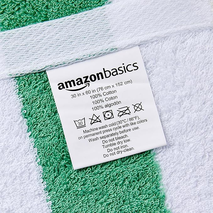 Basics 100% Cotton Terry Cabana Stripe Pool & Beach Towel, Soft & Absorbent, Quick Drying, Large, 2-Pack, Green, 30" x 60"