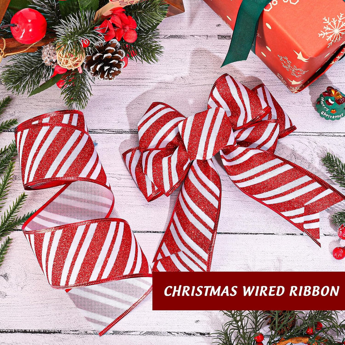 Whaline Christmas Candy Wired Edge Ribbon Peppermint Stripe Glitter Fabric Craft Ribbon for Xmas Tree Bow Wreath Gift Wrap Holiday Party Home Decor, 2.5 Inch