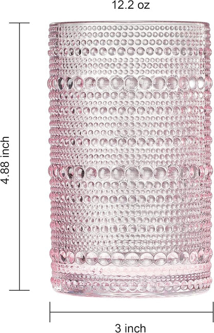 Khen Hobnail Beaded Highball Drinking Tumbler Glasses | Set of 6 | Pastel Pink, Vintage Bubble Whiskey Glassware, Embossed Cocktail, Water, Rocks Glass