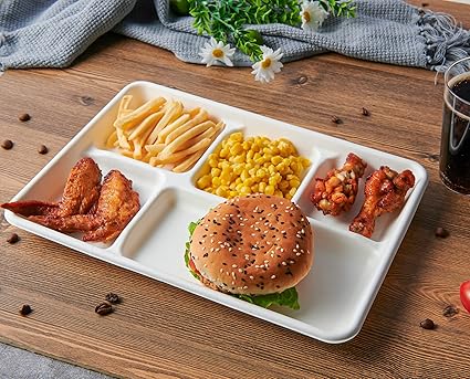 Vplus 100 Compostable 5 Compartment Paper Plates, 100 Pack, 12.5 x 8.6 inch Disposable School Lunch Trays, Eco-Friendly Bagasse Plates for Buffet, and Party