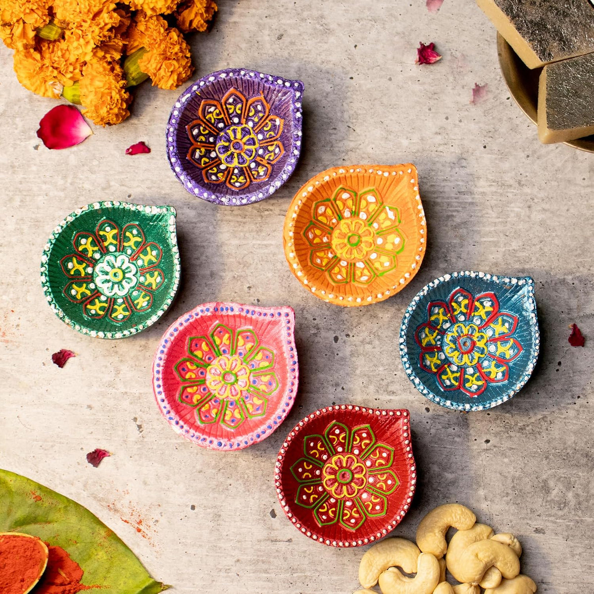 Pack of 12 Clay Diyas with Cotton Wicks, Diwali Decorations for Home, Mitti Diyas for Pooja, Indian Pooja Decor for Mandir, Diwali Gift, Earthen Lamp for Navratri Dussehra, Party Favors( 2 yellow-2Purple-2Pink-2Orange-2Green-2Blue )