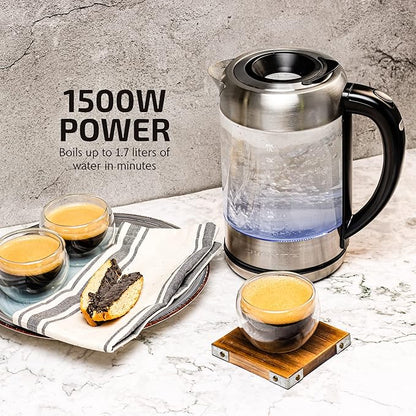 OVENTE Electric Kettle with 1.7L Borosilicate Glass, 1500W Instant Water Boiler and Heater for Coffee or Tea, BPA Free, Easy to Fill Lid, Auto Shut-Off and Boil Dry Protection, Silver KG6120S