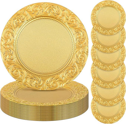 Uiifan Antique Charger Plates Bulk 13'' Plastic Embossed Dinner Plate Chargers Round Floral Plates for Wedding Decorative Chargers for Table Dinner Kitchen Party Decoration(Gold, 24 Pcs)