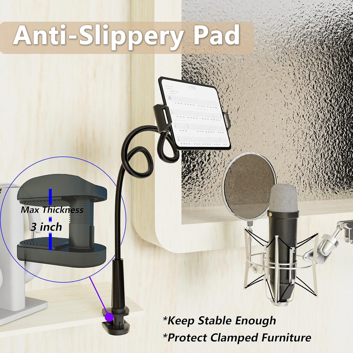 Tablet Stand Holder, Mount Holder Clip with Grip Flexible Long Arm Gooseneck Compatible with ipad iPhone/Nintendo Switch/Samsung Galaxy Tabs/ Kindle Fire HD - Black