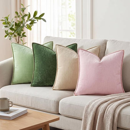 decorUhome Fall Chenille Soft Cozy Throw Pillow Covers 16x16 Set of 2, Modern Farmhouse Boho Velvet Decorative Pillow Cases with Stitched Edge for Couch Sofa Bed Home Decor, Forest Green