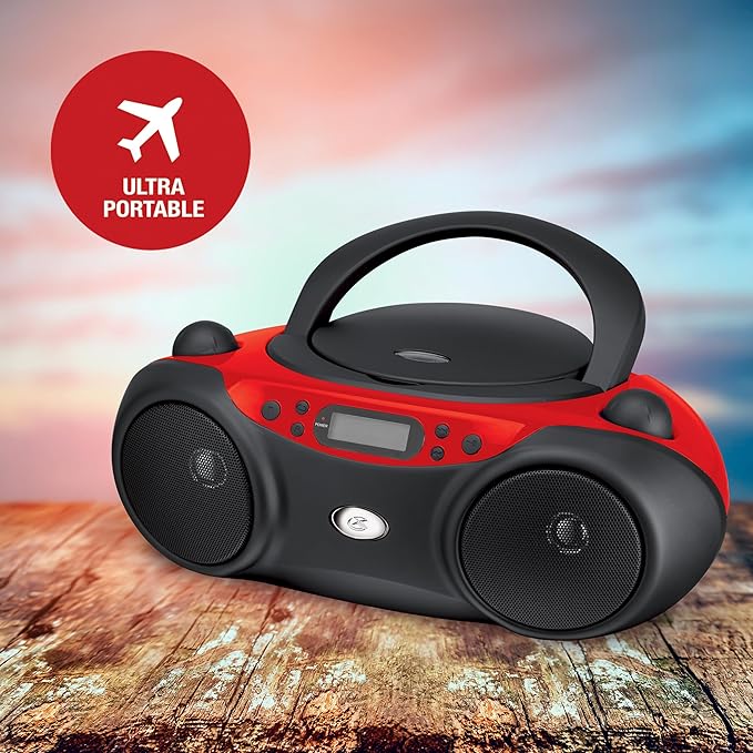 GPX BC232R Portable Top-Loading CD Boombox with AMFM Radio and 3.5mm Line in for MP3 Device - RedBlack