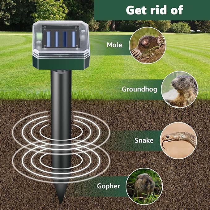 Mole Repellent Solar Powered-Waterproof Vole Chipmunk Repellent Outdoor Ultrasonic Mole Repeller Vole Vibration Stakes for Yard Mole Deterrent Spike for Chipmunk Groundhog Snake Rodent(4pack)