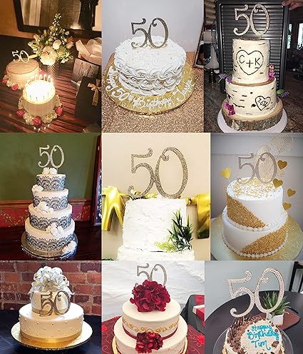 Honbay 50 Birthday Cake Topper Sparkly Bling Alloy Crystal Rhinestones Cake Topper Cake Decoration for 50th Birthday or Anniversary Party (Silver)
