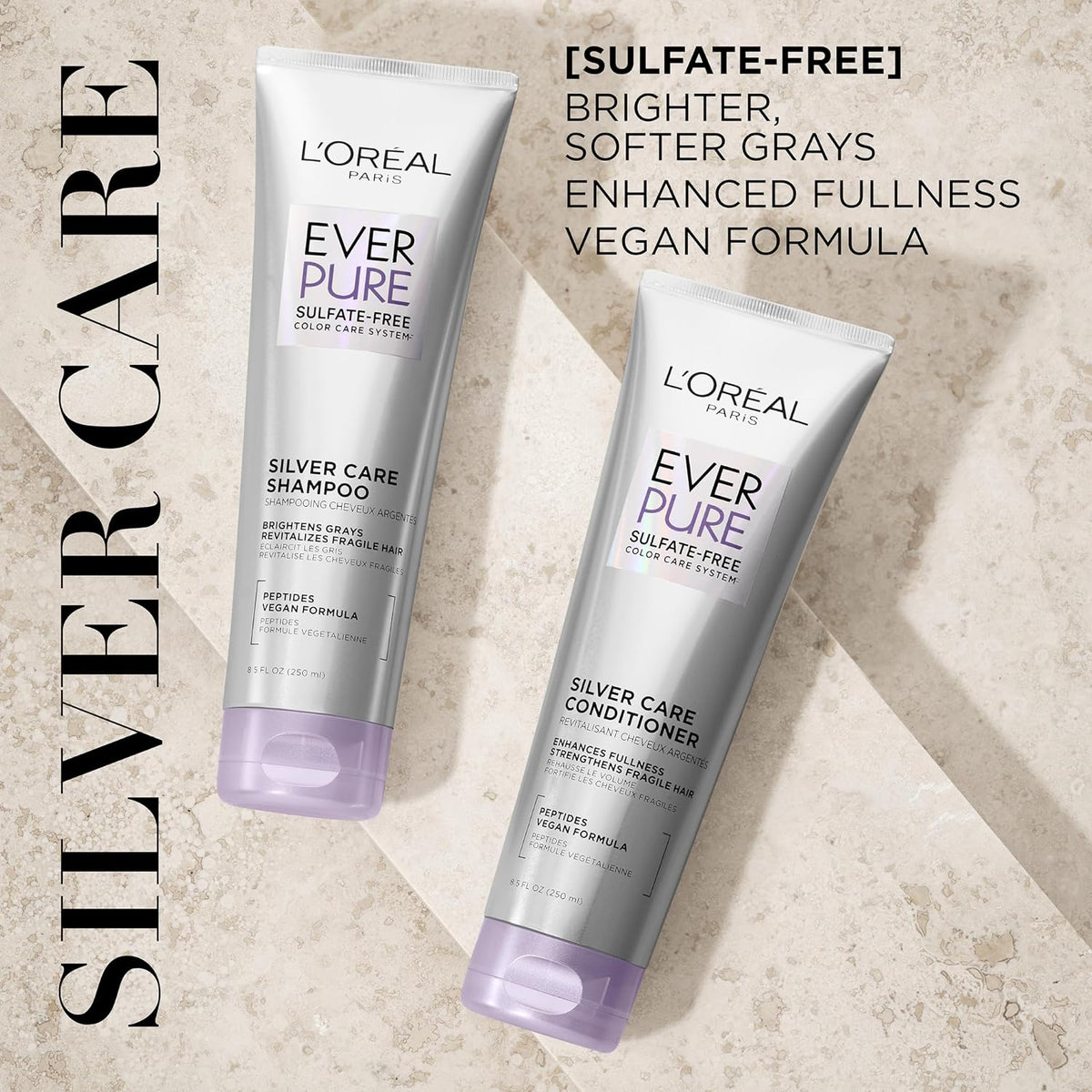 L'Oreal Paris EverPure Brightening and Nourishing Shampoo for Gray Hair, Sulfate-Free Vegan Formula with Peptides, 8.5 Fl Oz
