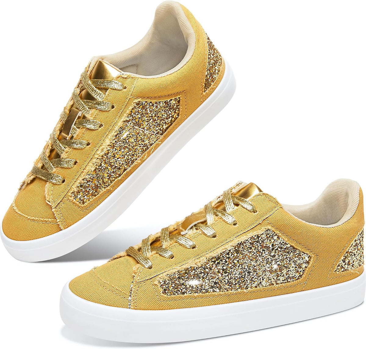 Women Glitter Sneakers Sparkly Sequin Canvas Fashion Sneakers Comfortable Lace Up Shiny Bling Shoes for Wedding Party