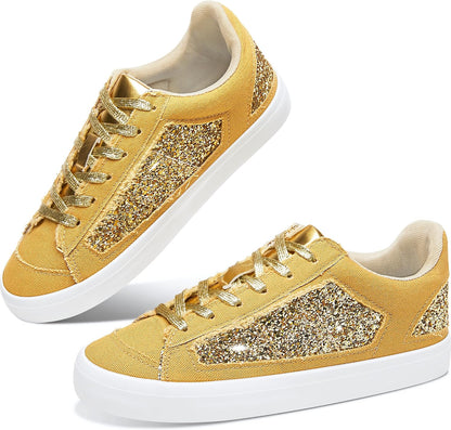 Women Glitter Sneakers Sparkly Sequin Canvas Fashion Sneakers Comfortable Lace Up Shiny Bling Shoes for Wedding Party
