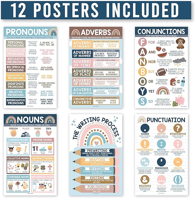 Hadley Designs Parts Of Speech Posters For Classroom - 12 Grammar Posters For Classroom Must Haves, Language Arts For Elementary  Middle School, Writing Process  ELA School, Boho Class Decor