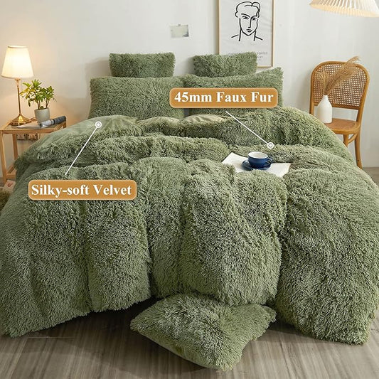 XeGe Cozy Plush Shaggy Duvet Cover, Luxury Soft Fluffy Furry Solid Color Comforter Cover, 1 PC Bedding for Girls Women Bedroom (1 Faux Fur Fuzzy Quilt Cover), Zipper Closure (Queen Size, Sage Green)