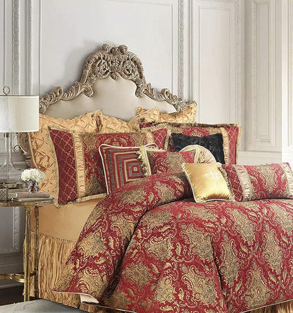 Loom and Mill 13-Piece Comforter Bed in a Bag, Classic Damask Jacquard Comforter Sets King, Luxury Bedding Set with Bed Skirt, Euro Shams and Decorative Pillows, All Season(Florence, King) Red