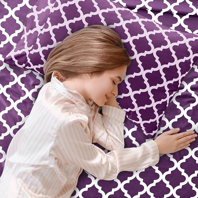 LUX Décor Quatrefoil Full Sheet Set - 4 Piece Ultra-Soft Microfiber Bed Sheets with Flat Sheet, 16 Inches Deep Pocket Fitted Sheet & Pillowcases, Breathable, Bedroom Decor, Oeko-TEX - Purple