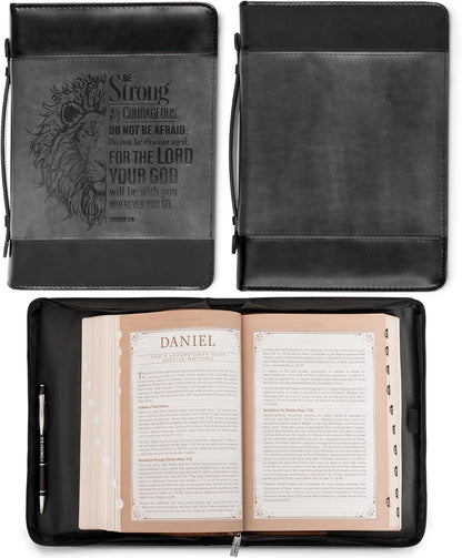 Christian Art Gifts Classic Faux Leather Bible Cover for Men and Women: Be Strong and Courageous - Joshua 1:9 Inspirational Bible Verse with Lion, Gray and Black, Large
