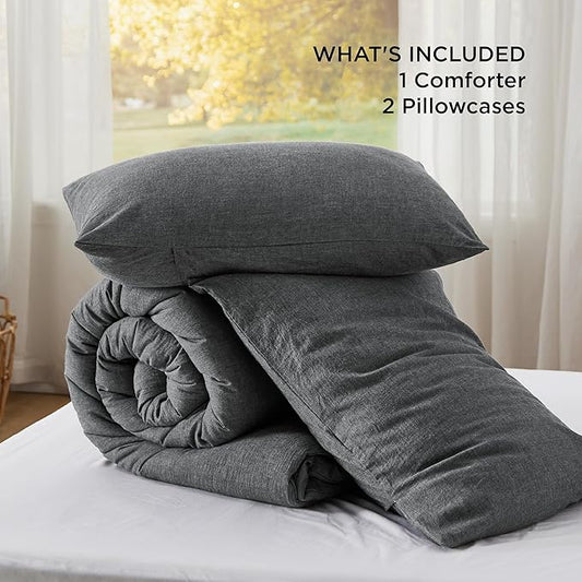 Bedsure Comforter Set Queen Size Dark Grey - Cotton Fabric with Microfiber Inner Fill, Queen Comforter Set for All Seasons, 3 Pieces, 1 Comforter (90"x90") and 2 Pillow Cases (20"x26")