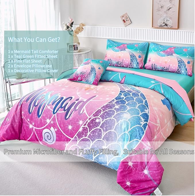 Kids Girls Comforter Set 6Pcs, Mermaid Bed in a Bag Queen Size, Fish Tail Print Teens Girls Bedding Set, Rainbow Bedding Collections