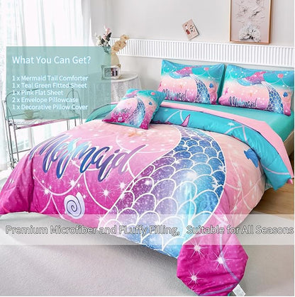 Kids Girls Comforter Set 6Pcs, Mermaid Bed in a Bag Queen Size, Fish Tail Print Teens Girls Bedding Set, Rainbow Bedding Collections