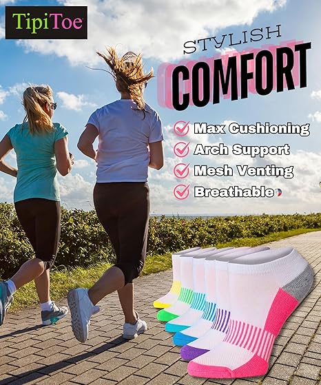 Tipi Toe Women's 6-Pairs Quarter Cushioned With Arch Support Athletic Performance Sports Socks